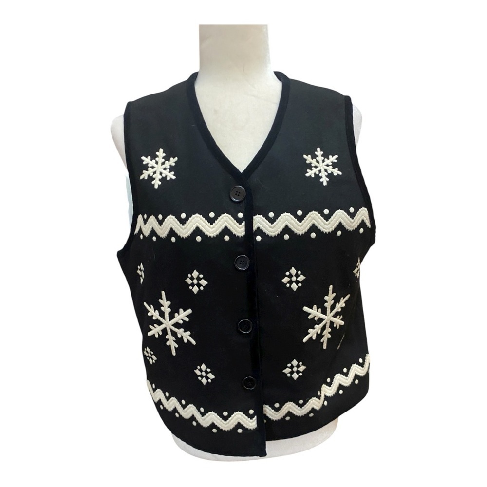 Talbots Womens Vintage Wool Blend Embroidered Snowflake Black Vest